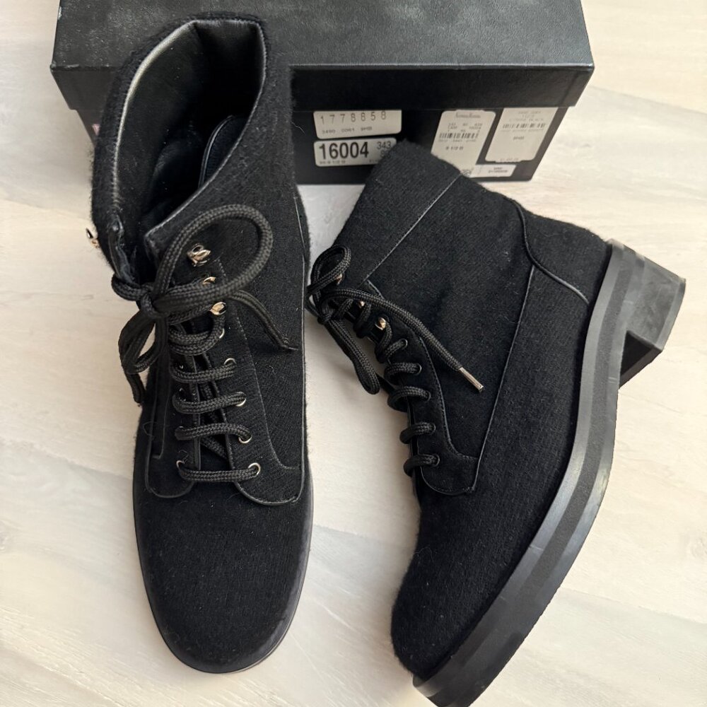 Chanel Lace Up Tweed Boot in Black sz 39.5 $1450